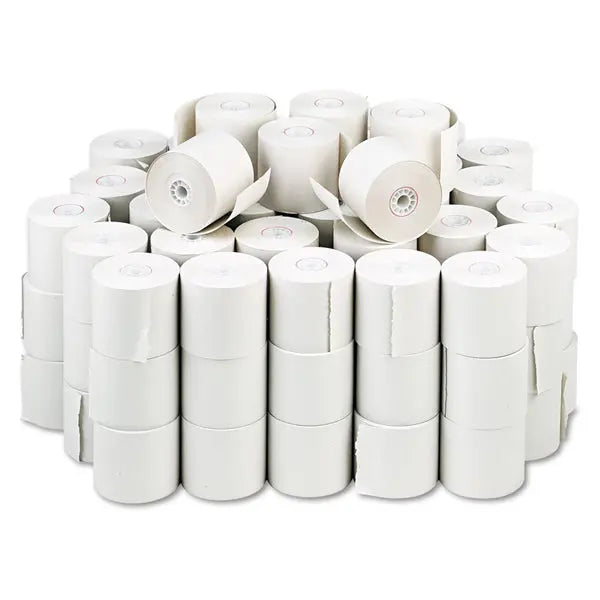 A circular arrangement of Iconex 100 Pack - Impact Bond Paper Rolls, 2.25-Inch x 150 ft, White (9074-0510), with some rolls slightly unspooled and a few featuring an end-of-roll indicator.